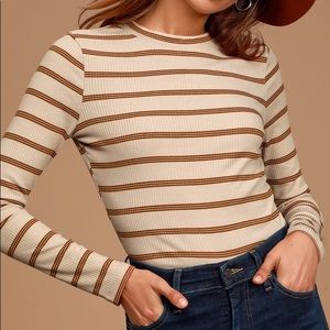 Lulus Beige Striped Ribbed Long Sleeve Top